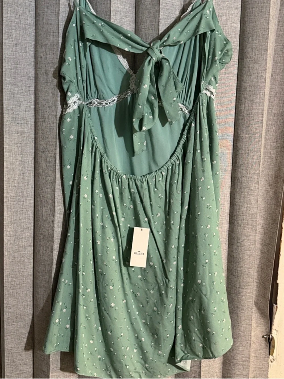 Hollister Light Sage Green Floral Lace-Trim Slip Dress